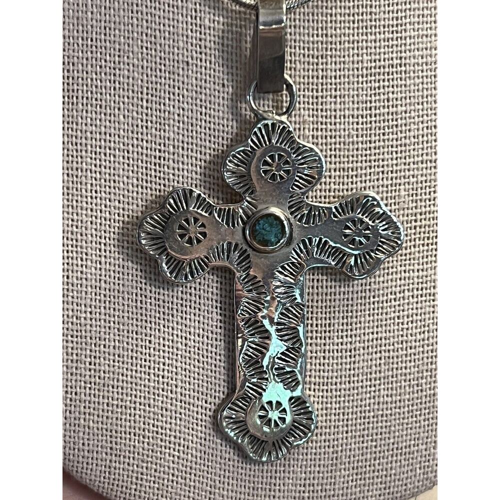 Turquoise Silver Cross From Mexico 16 Inch Snake Chain With 2" Pendant